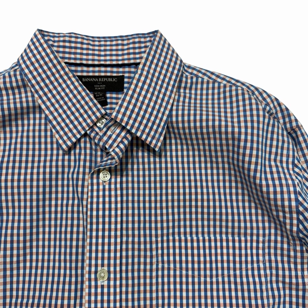 Banana Republic Non Iron Slim Fit Check Dress Shirt Mens Large Blue Orange